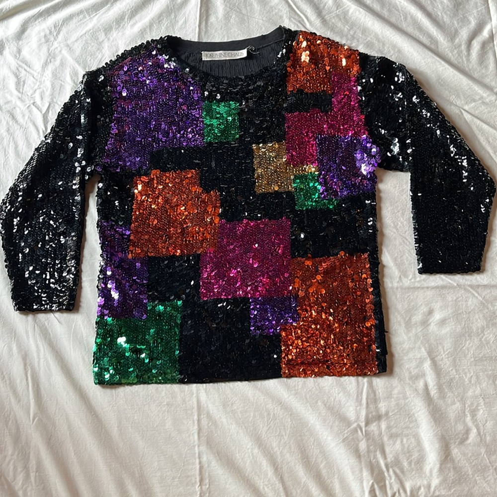 Vintage Josephine Chaus beaded top  vibrant sequins long sleeve Medium
